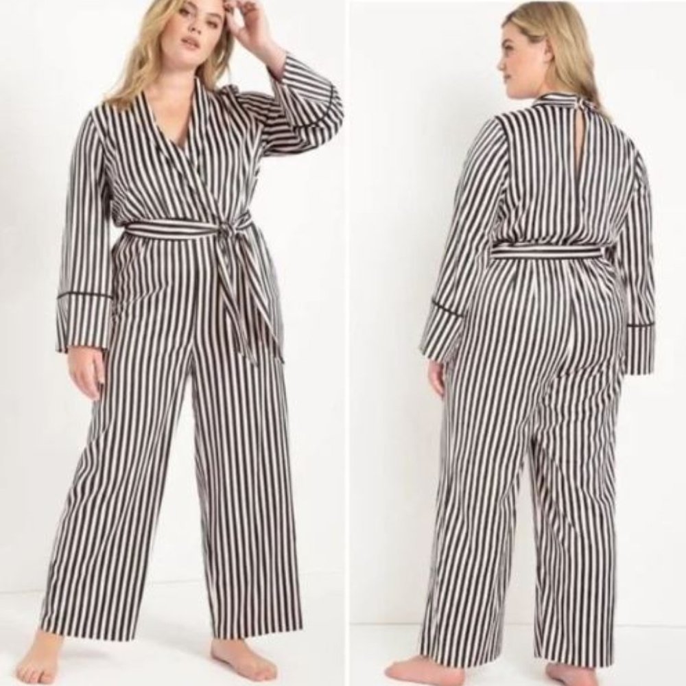 ELOQUII Piping Trim Satin Black/Blush Pink Stripe Lounge Jumpsuit Size 18